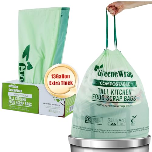 GreeneWrap 13 Gallon Compostable Trash Bags Liner with Drawstring Heavy Duty Extra Thick 1 Mil 4921 Liter 30 Bags Tall Kitchen Food Scrap Waste Bag BPI and OK Compost Home Certified ASTM D6400